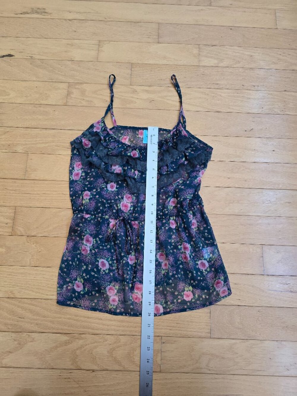 vintage Y2K cottagecore teal floral sheer ruffle romantic tank top | WMS S - Picture 8 of 11
